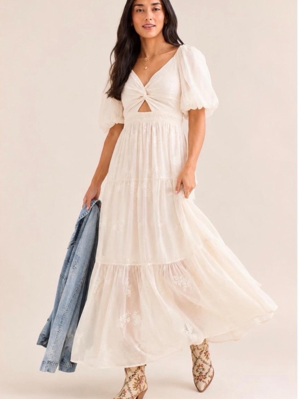 Altar'd State white maxi dress with puffed sleeve and twisted front, Medium